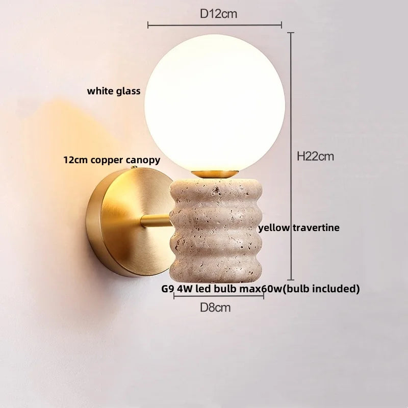 Helnys LED Wall Light Fixture Modern Nordic Design 2 Yellow Travertine Stone Wood Bedside Lamp