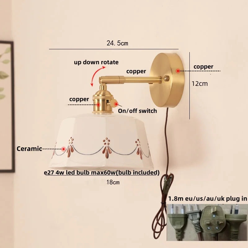 Helnys Ceramic LED Wall Lamp with Pull Chain Switch - Up Down Rotate Copper Mirror Light