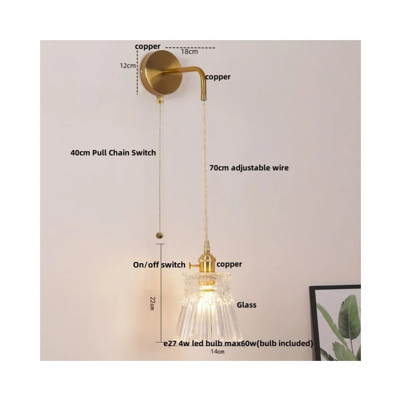 Helnys Clear Glass LED Wall Lamp with Pull Chain Switch for Modern Luxury Home Decor