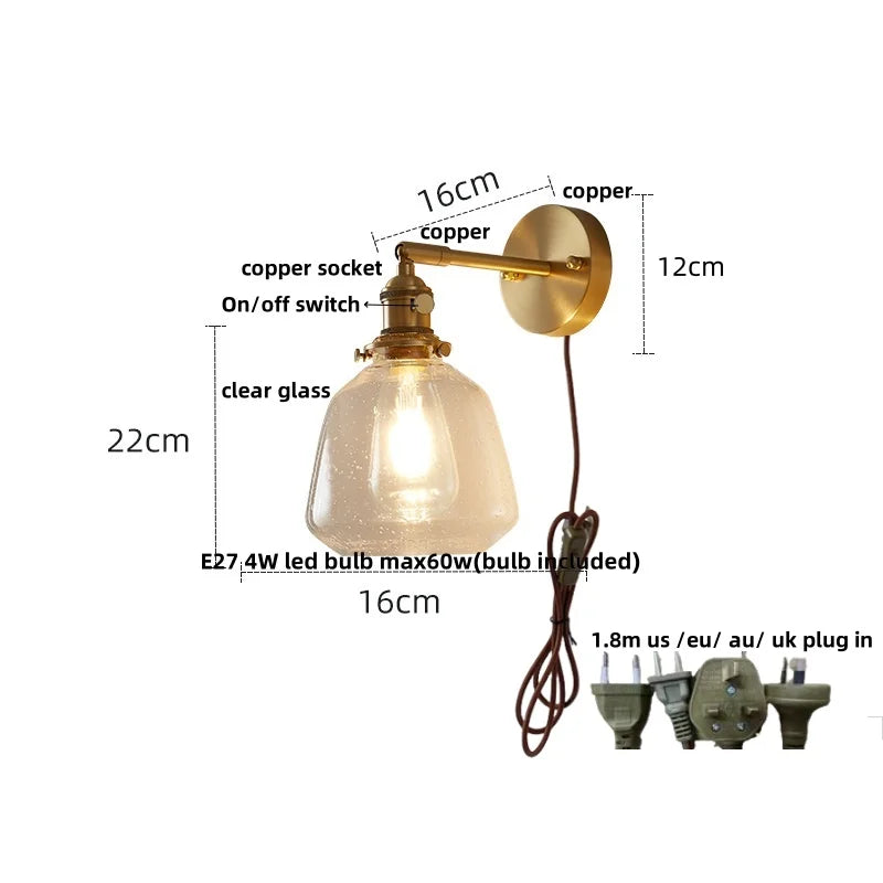 Helnys Flower Glass LED Wall Lamp with Pull Chain Switch - Copper Wall Light Fixtures