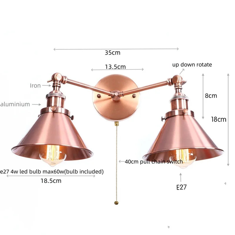 Helnys Industrial Vintage 2-Head LED Wall Light Gold Iron Loft Lamparas De Pared