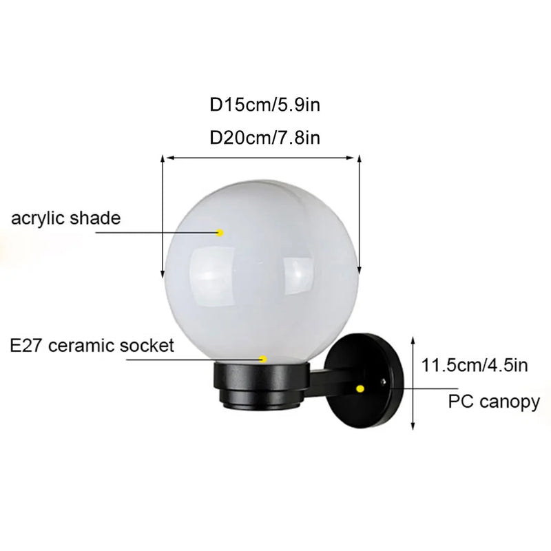 Helnys Outdoor Wall Lantern with Acrylic Globe Shade for Entryway, E27 Socket