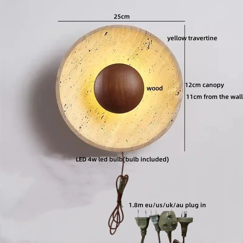 Helnys Round Canopy LED Wall Light Yellow Travertine Stone Bedside Lamp