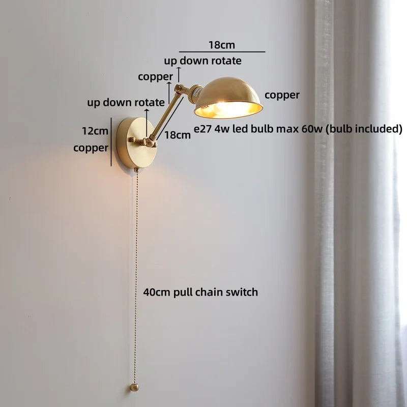 Helyn's Nordic Swing Arm LED Wall Lamp - Modern Copper Bedside Light