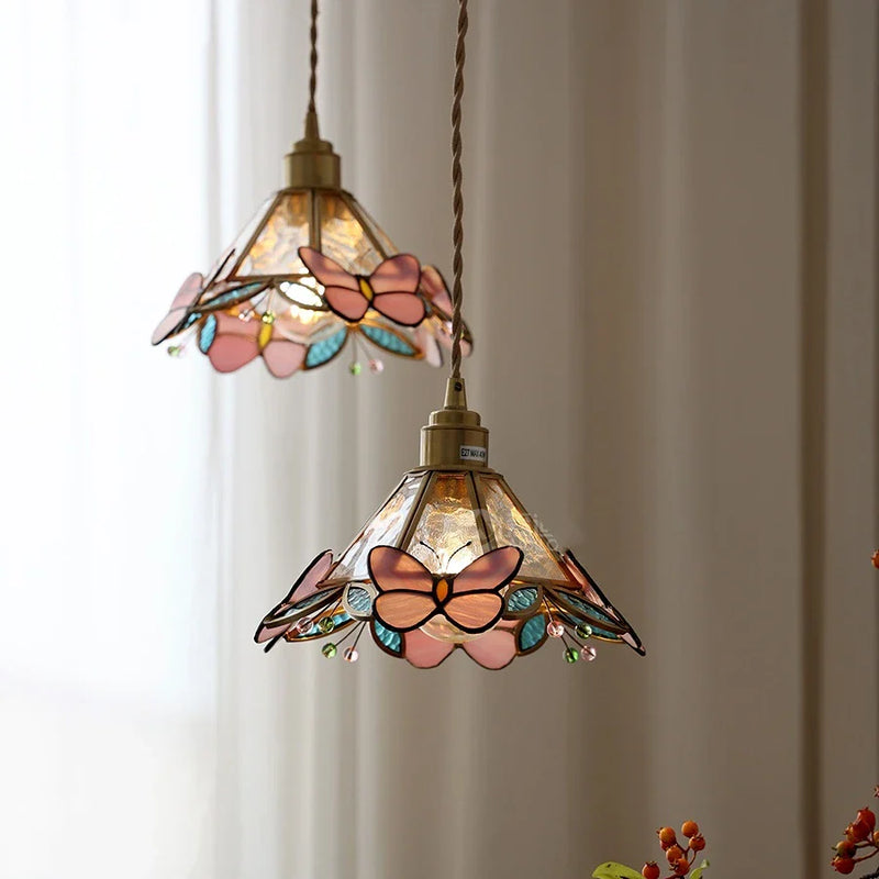 Helnys Butterfly Glass Copper LED Pendant Lamp for Home Indoor Decor