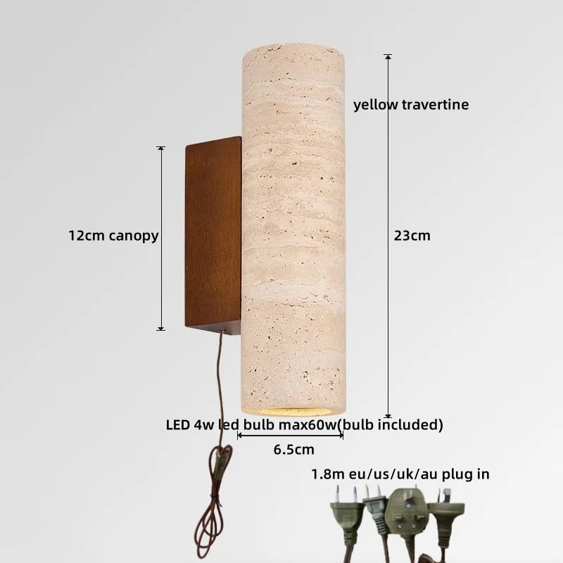 Helnys Round Stone LED Wall Light Sconce Yellow Travertine Nordic Modern Beside Lamp