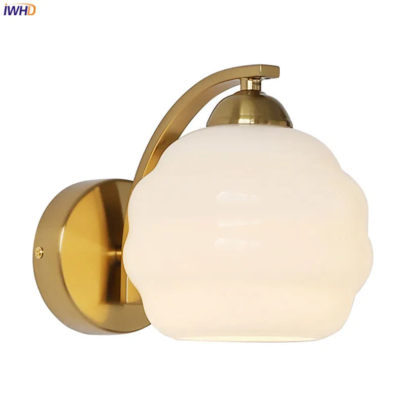 Helnys Nordic Milky Glass Ball LED Wall Sconce - Modern Iron Bedroom Living Room Mirror Light