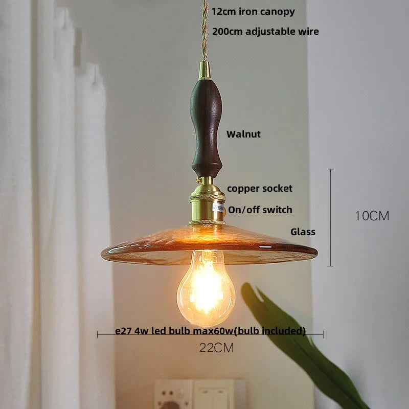 Helnys Amber Glass Pendant Lights with Brass Knob Switch and LED