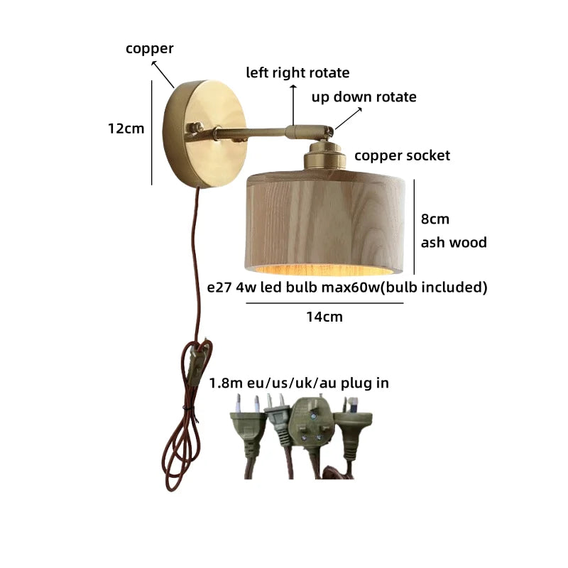 Helnys Modern Ash Wood LED Wall Lamp with Pull Chain Switch