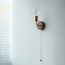Helnys Walnut Wood LED Wall Light with Clear Glass Sconce & Pull Chain Switch