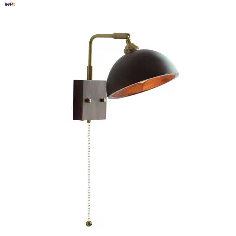 Helnys Rotatable Vintage LED Wall Sconce Pull Chain Switch Wood Bedside Lamp
