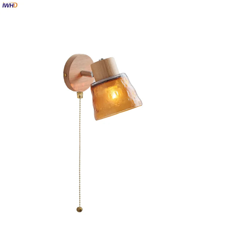 Helnys Amber Glass LED Wall Sconce Wood Pull Chain Switch Stair Light