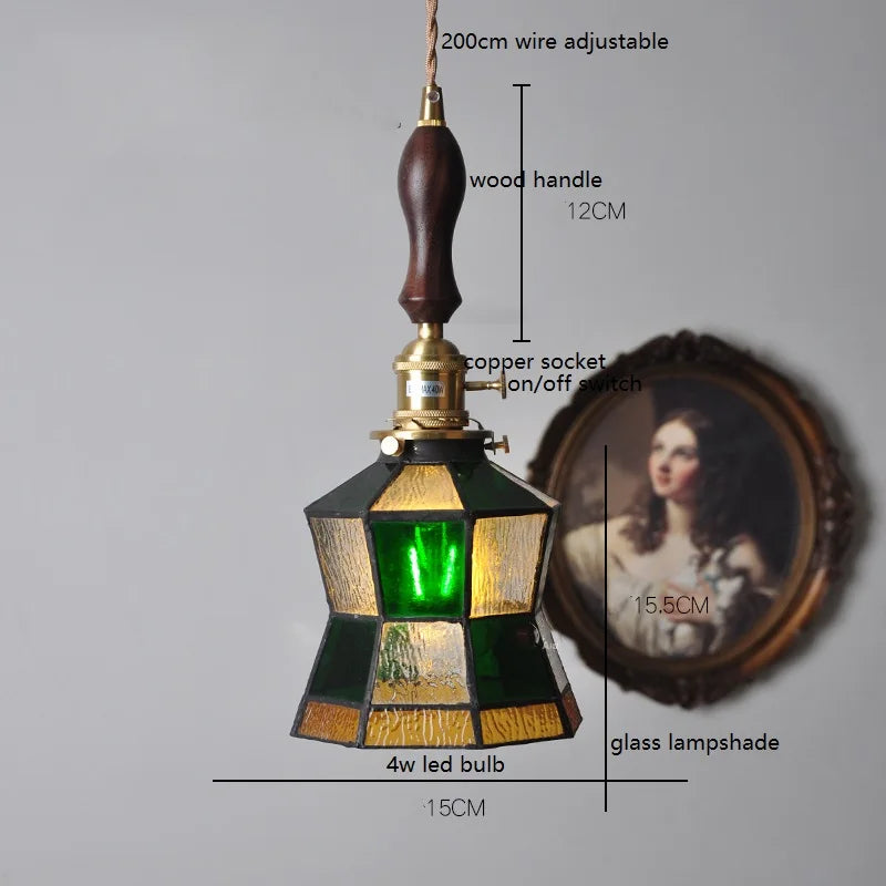 Helnys Vintage Europe Style LED Pendant Light with Wood, Copper, Glass Lampshade