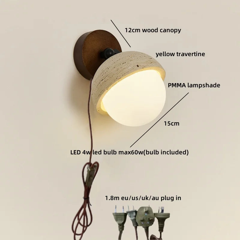 Helnys Wood Canopy LED Wall Sconce Yellow Stone Nordic Modern Makeup Mirror Light