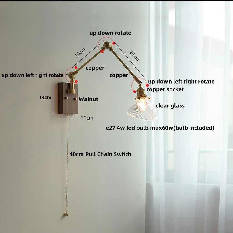 Helnys Brass LED Wall Light with Swing Arms & Pull Chain Switch