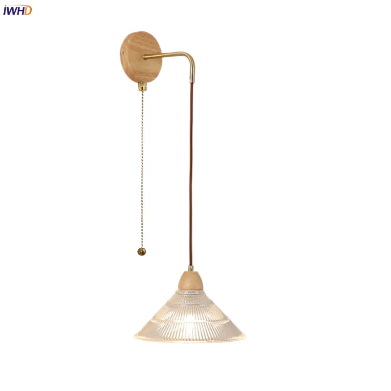 Helnys Clear Glass LED Wall Light Wood Pull Chain Switch Stair Fixture
