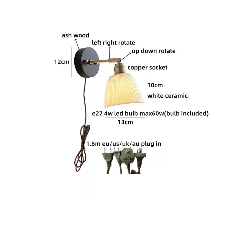 Helnys Black Round Wood LED Wall Lamp With Switch - Bedroom Living Room Home Design