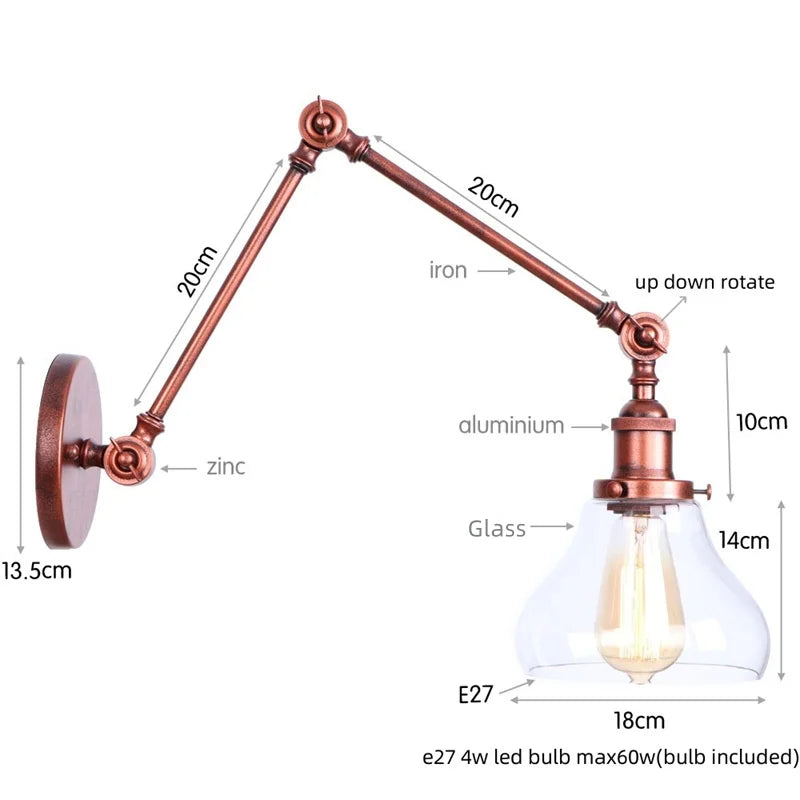 Helnys Retro Loft LED Wall Light Fixture Industrial Glass Indoor Lamp