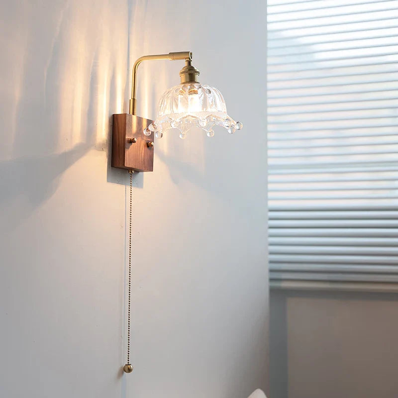 Helnys Nordic Walnut Glass LED Wall Light with Rotatable Brass Finish