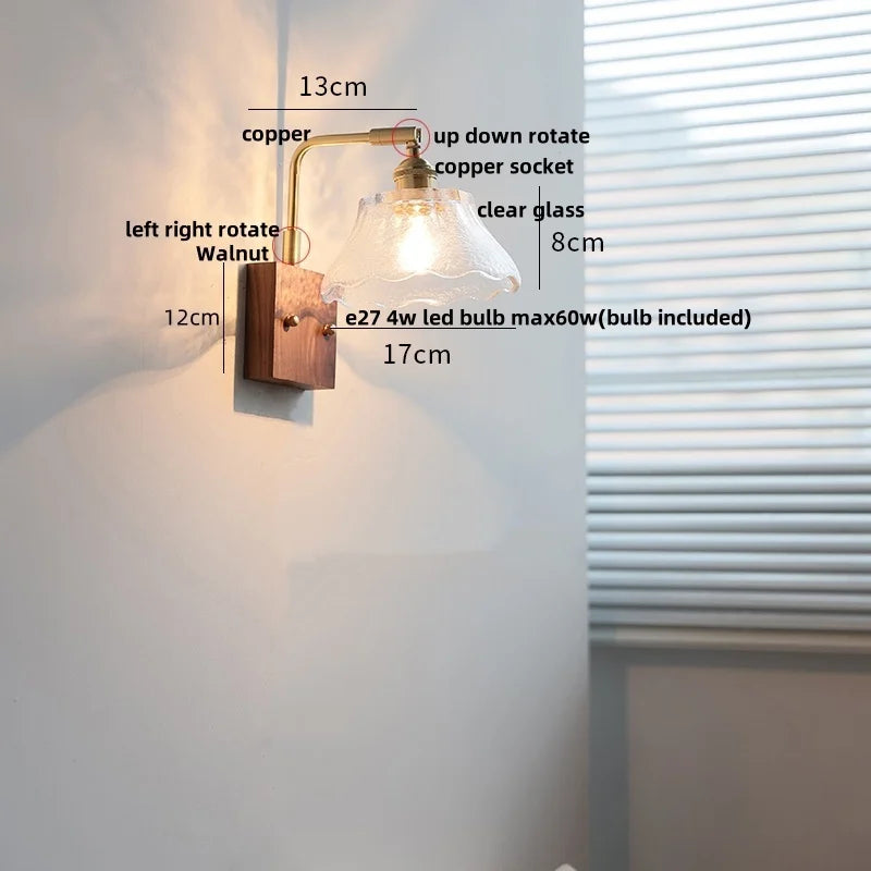 Helnys Nordic LED Wall Light Walnut Copper Clear Glass Sconce