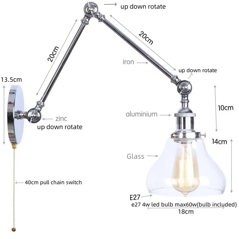 Helnys Retro Loft LED Wall Lights Pull Chain Switch Chrome Clear Glass Vintage Fixture