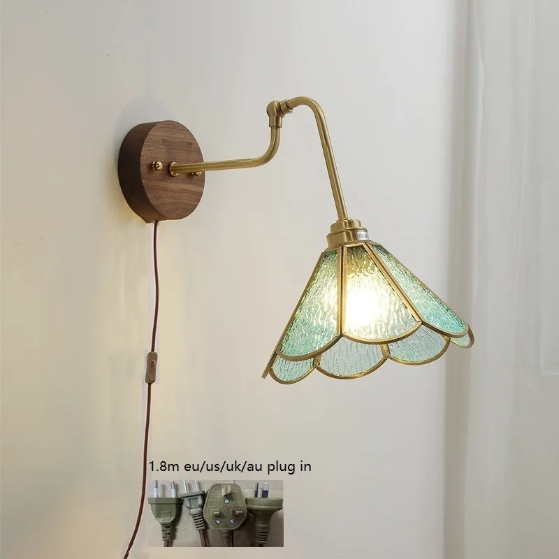 Helnys Green Glass Copper LED Wall Lamp with Pull Chain Switch and Walnut Wood Base