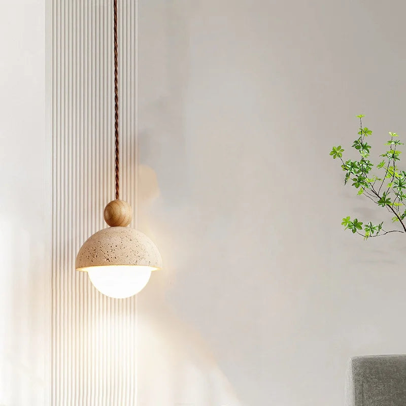 Helnys Stone Wood LED Pendant Lights with White Glass Ball - Nordic Modern Hanging Lamp