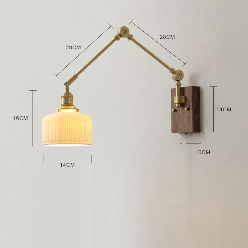 Helnys Copper Swing Arm LED Wall Light with Pull Chain Switch and Walnut Canopy