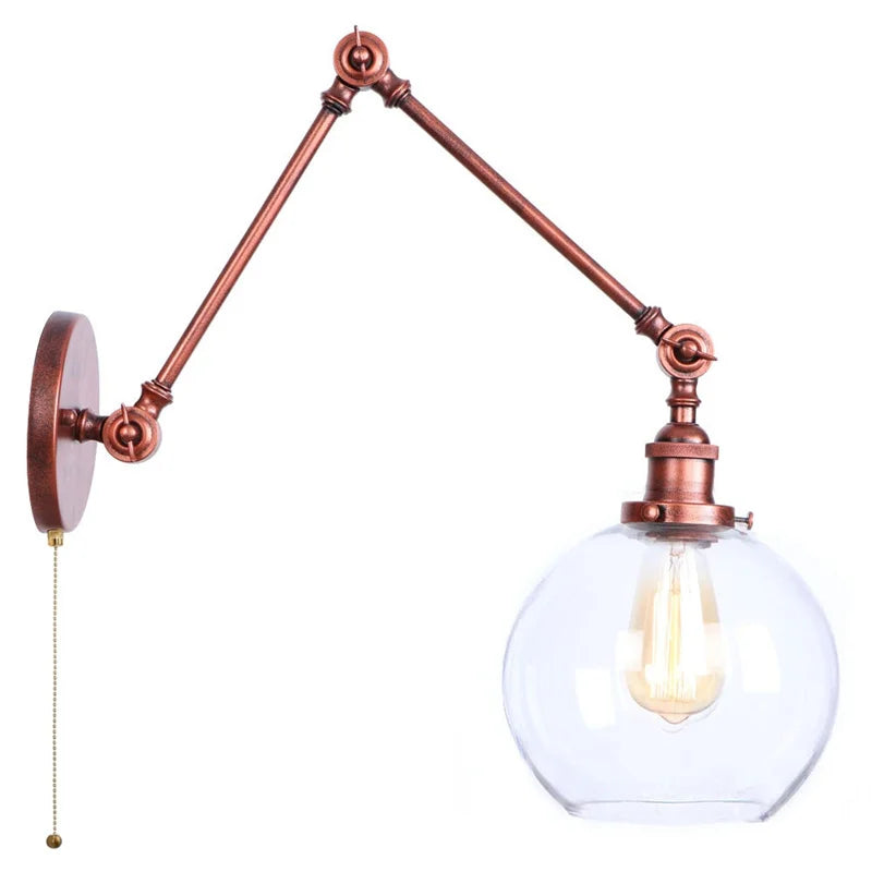 Helnys Vintage Swing Arm Wall Lights with Pull Chain Switch and Glass Ball
