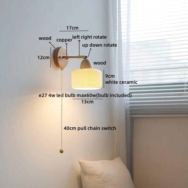 Helnys White Ceramic LED Wall Sconce Lamp Wooden Socket Stair Light Fixtures