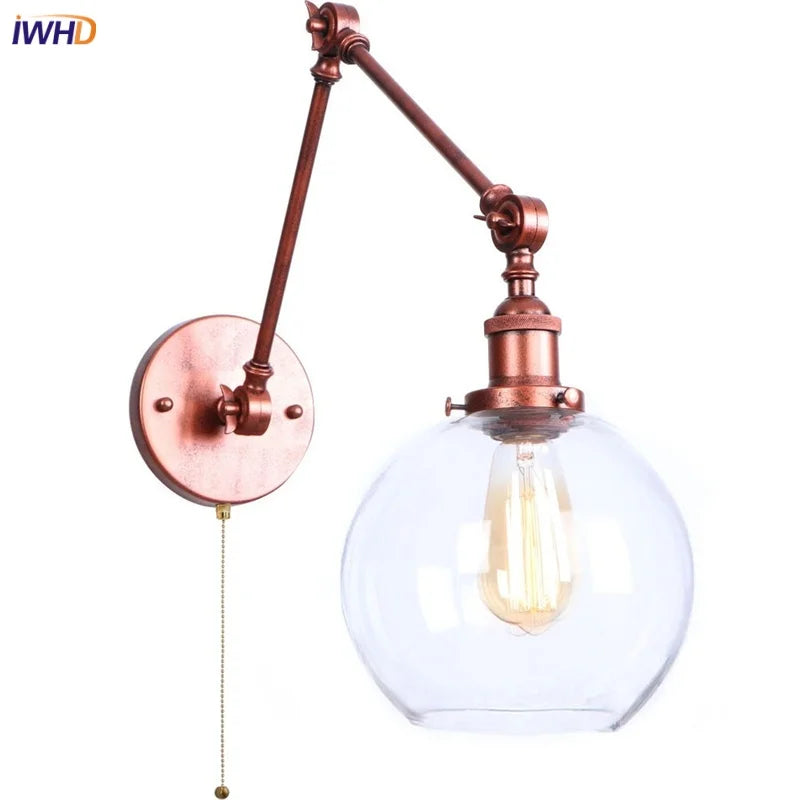 Helnys Vintage Swing Arm Wall Lights with Pull Chain Switch and Glass Ball