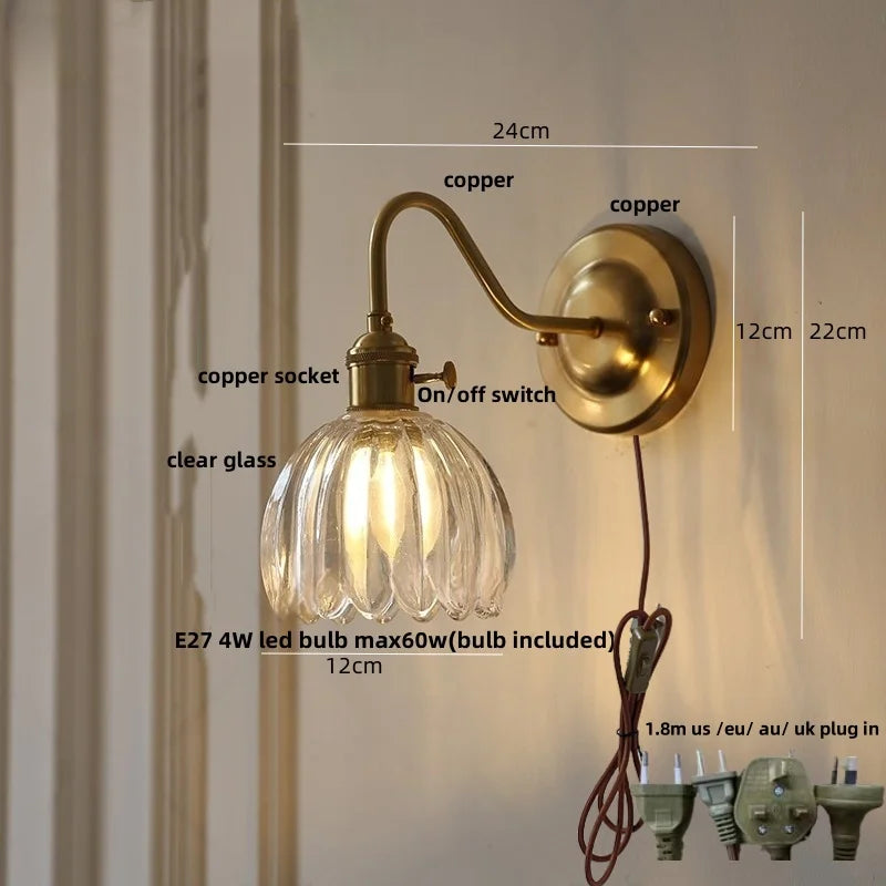 Helnys Glass Copper LED Wall Sconce with Switch and Knob - Modern Nordic Design