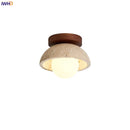 Helnys Round Stone LED Ceiling Lamp Wood Canopy White Japan Style Light Fixture