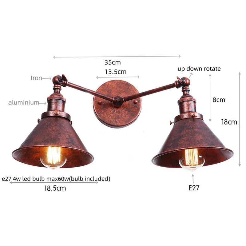 Helnys Industrial Vintage 2-Head LED Wall Light Gold Iron Loft Lamparas De Pared