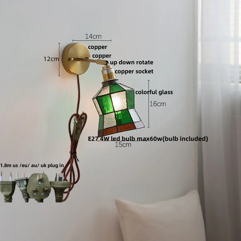 Helnys Square Glass LED Wall Lights Pull Chain Switch Tiffany Style Wandlamp
