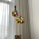Helnys Colorful Glass Cube LED Pendant Lamp in Walnut Wood for Restaurant & Bedroom