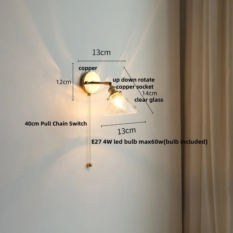 Helnys Green Glass LED Wall Sconce Rotate Copper Stair Light Fixtures
