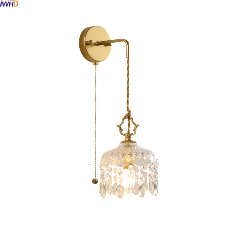 Helnys Nordic Crystal Glass Wall Sconce LED Light Fixture Antique Brass Gold Bedroom Lamp