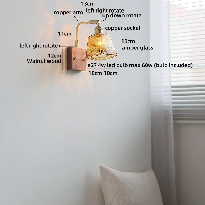 Helnys Glass Wood LED Wall Lights Up Down Rotate Bedside Lamp