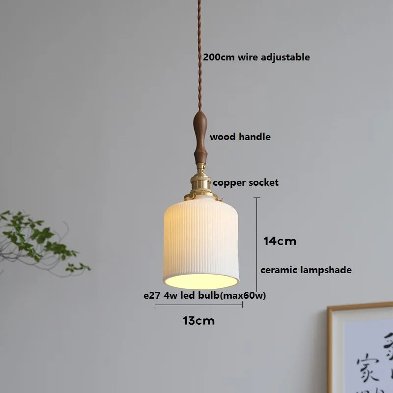 Helnys Ceramic LED Pendant Light with Wood Handle and Copper Socket