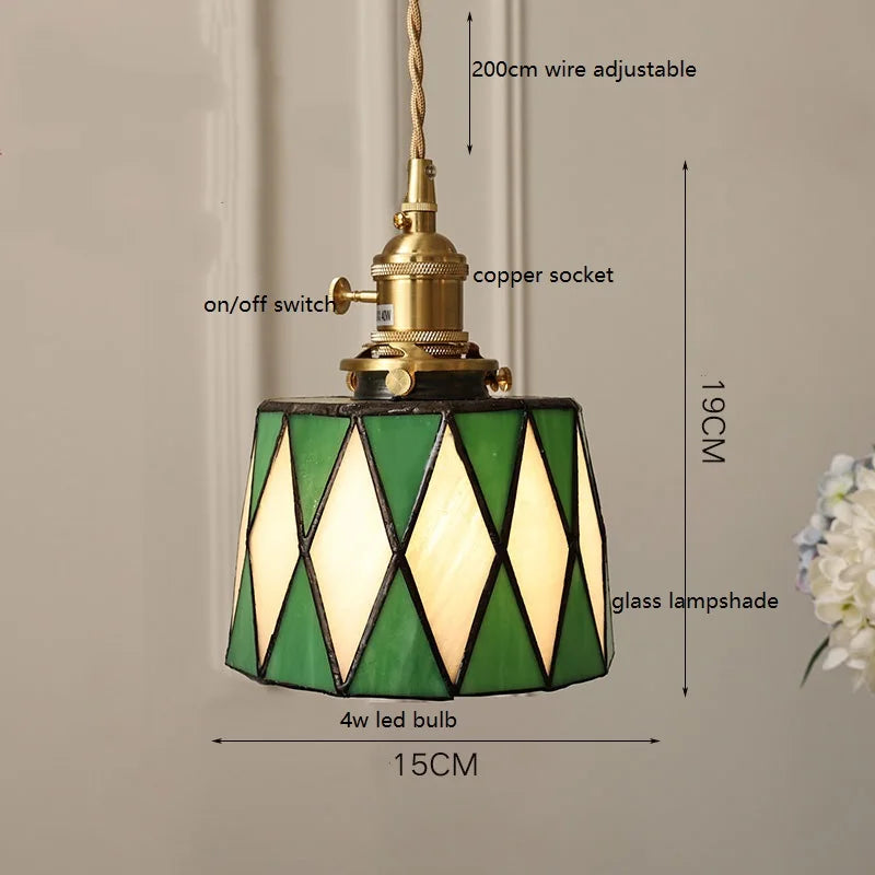 Helnys Vintage Europe Style LED Pendant Light with Wood, Copper, Glass Lampshade