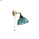 Helnys Tiffany Blue Glass LED Wall Sconce with Rotate Copper Pull Chain Switch