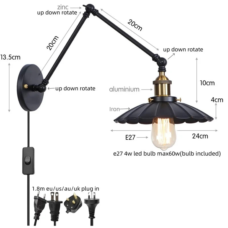 Helnys Adjustable Black Iron LED Wall Light - Industrial Vintage Bedside Lamp