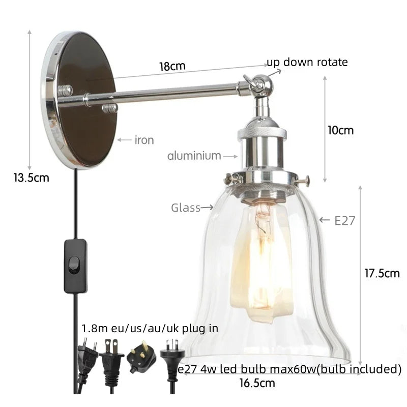 Helnys Vintage LED Glass Wall Sconce with Pull Chain Switch