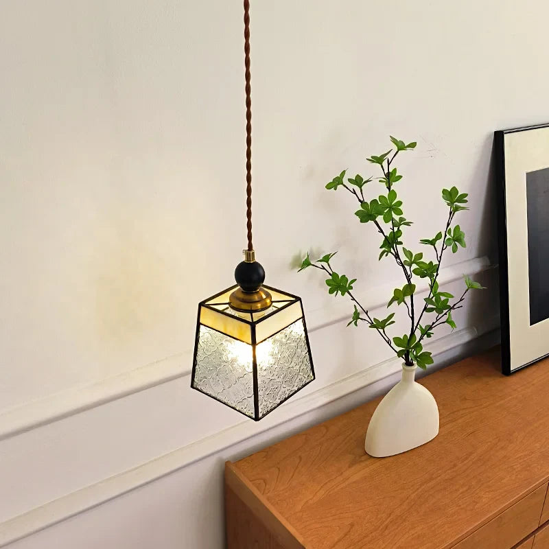 Helnys Clear Glass LED Pendant Light Hanging Fixture Adjustable Copper Wood Glass_Luminaire