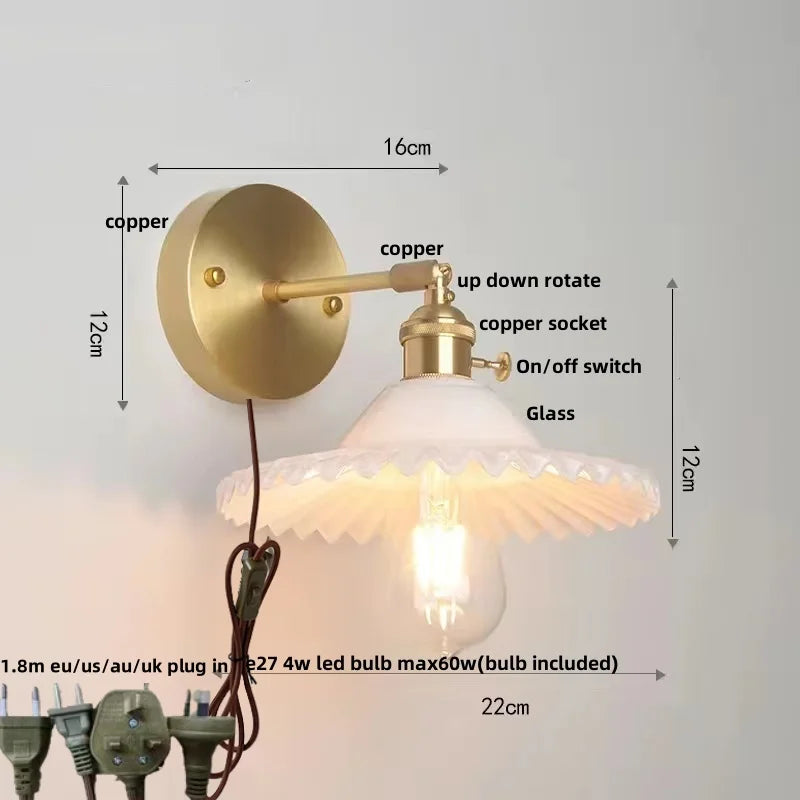 Helnys Green Glass LED Wall Lights with Pull Chain Switch for Home Decor