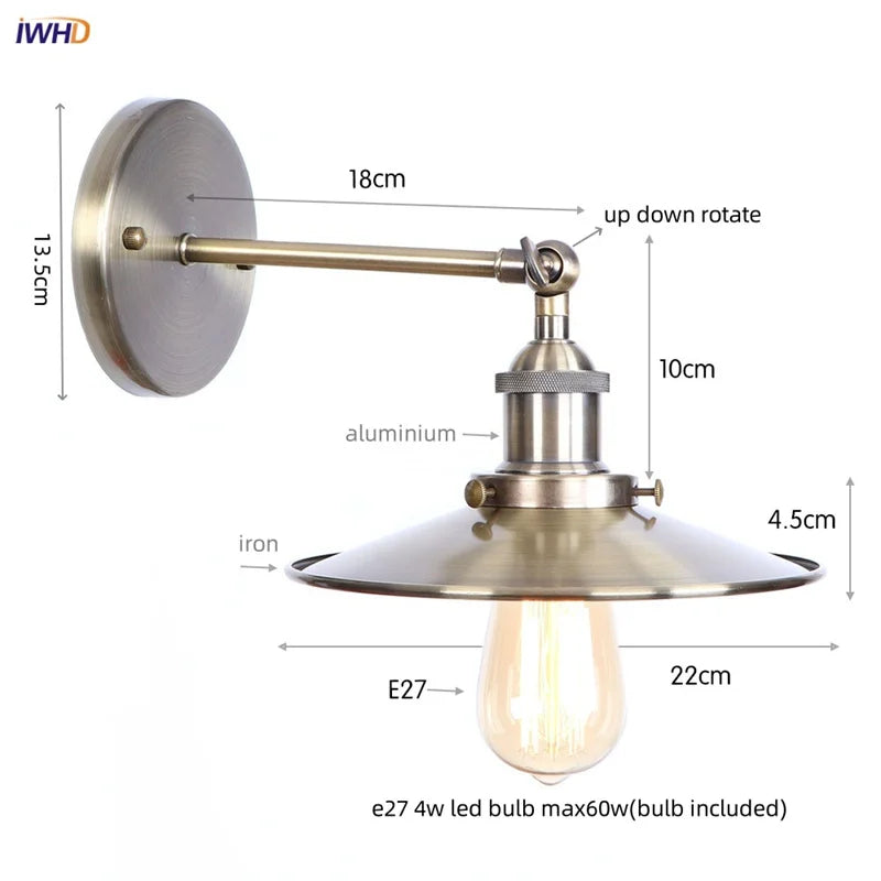 Helnys Loft LED Wall Lamp With Gold Pull Chain Switch - Industrial Vintage Design