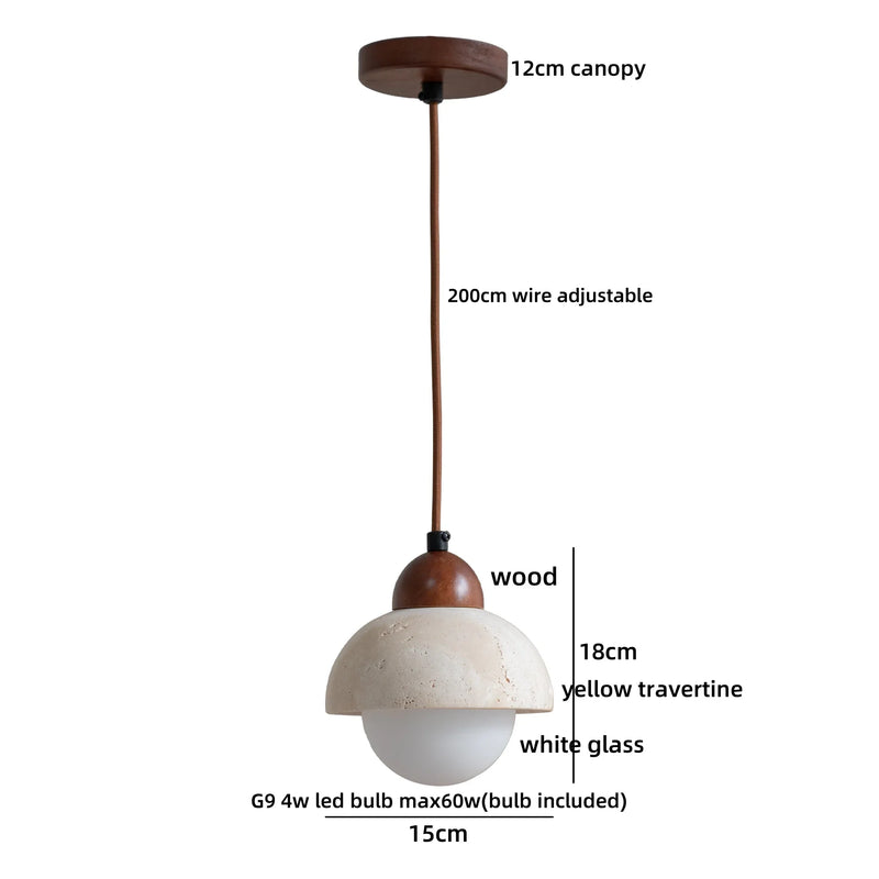 Helnys Yellow Travertine Round LED Pendant Lamp for Cafe Study Living Room