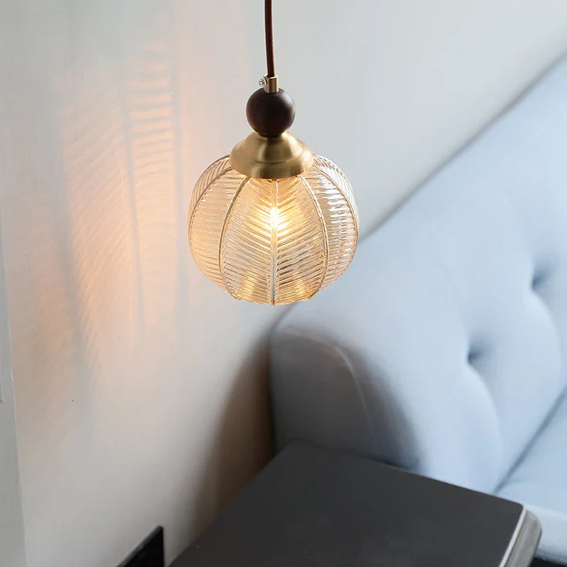 Helnys Japanese Style Amber Glass LED Pendant Light with Wood & Copper Cap