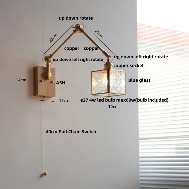 Helnys Modern LED Wall Lamp Glass Pull Chain Switch Rotatable Swing Arms Fixtures